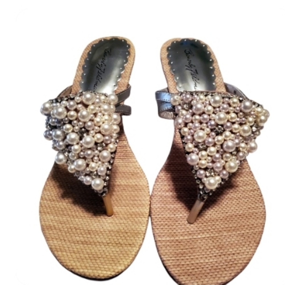 Beverly Feldman Layla Nude Satin Pearl Silver Sandal slip on kitten heel…